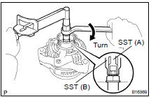 (a) Hold SST (A) with a torque wrench, and tighten SST (B)